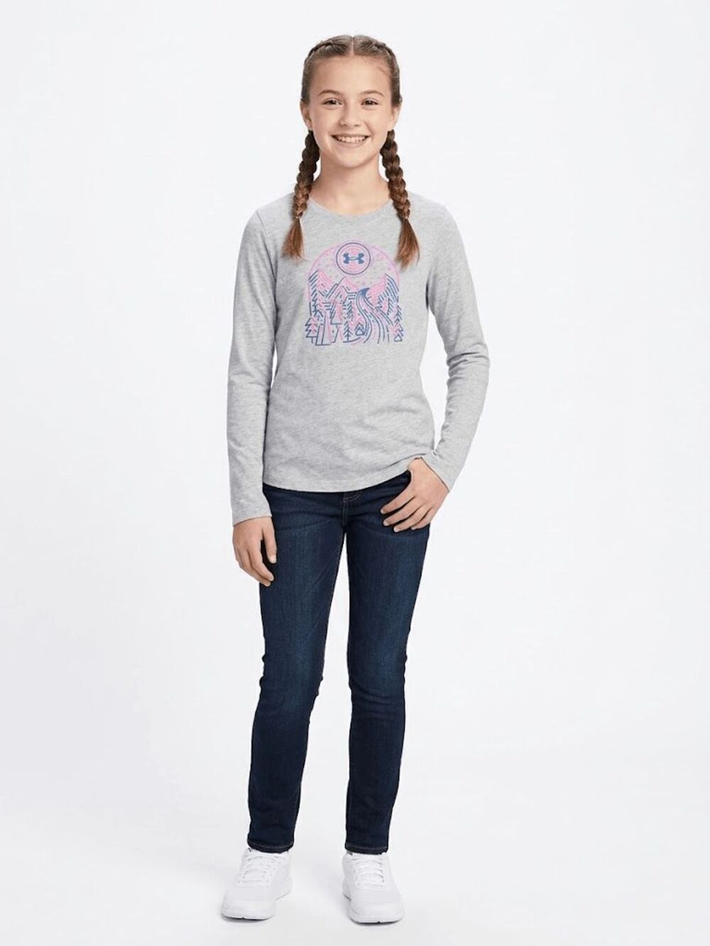 Under Armour Girls' Long Sleeve Mountain Graphic T-Shirt Grey Size L (14-16)